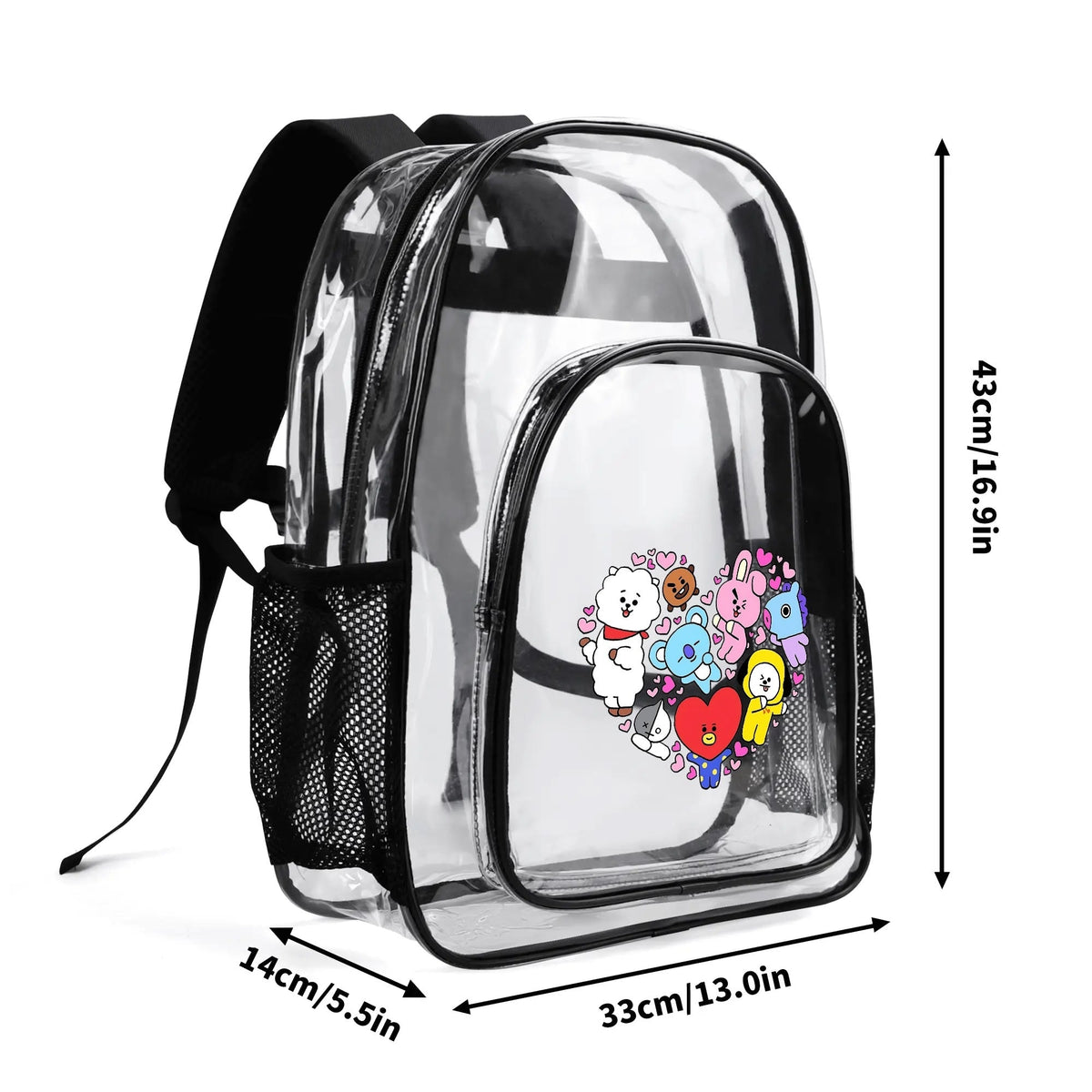 BTS BT21 in a Heart Clear Backpack 17 Inch PVC Transparent Bookbag - Beyond The Shoppe