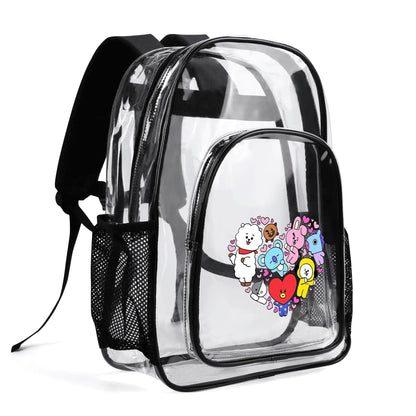 BTS BT21 in a Heart Clear Backpack 17 Inch PVC Transparent Bookbag - Beyond The Shoppe