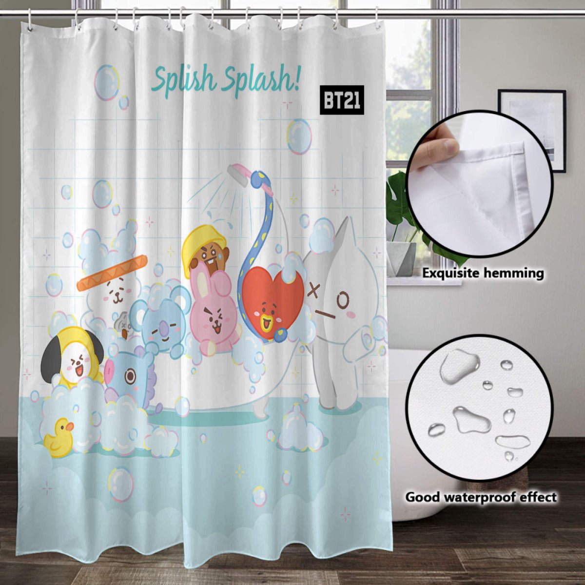 BTS BT21 Inspired Splish Splash! Shower Curtain - Ultimate bathroom accessory! Great home warming gift for your favorite Army! - Beyond The Shoppe