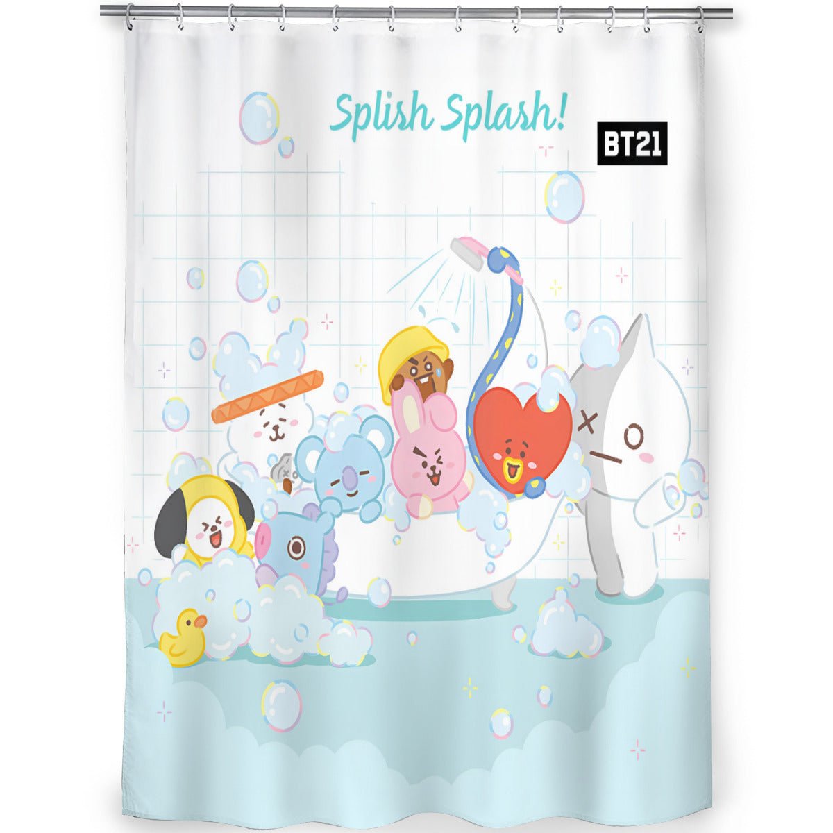 BTS BT21 Inspired Splish Splash! Shower Curtain - Ultimate bathroom accessory! Great home warming gift for your favorite Army! - Beyond The Shoppe