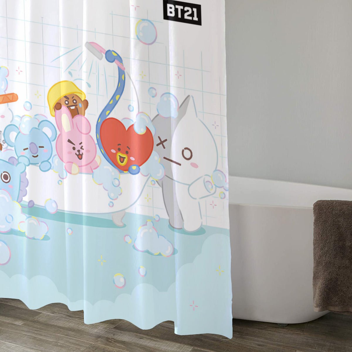 BTS BT21 Inspired Splish Splash! Shower Curtain - Ultimate bathroom accessory! Great home warming gift for your favorite Army! - Beyond The Shoppe