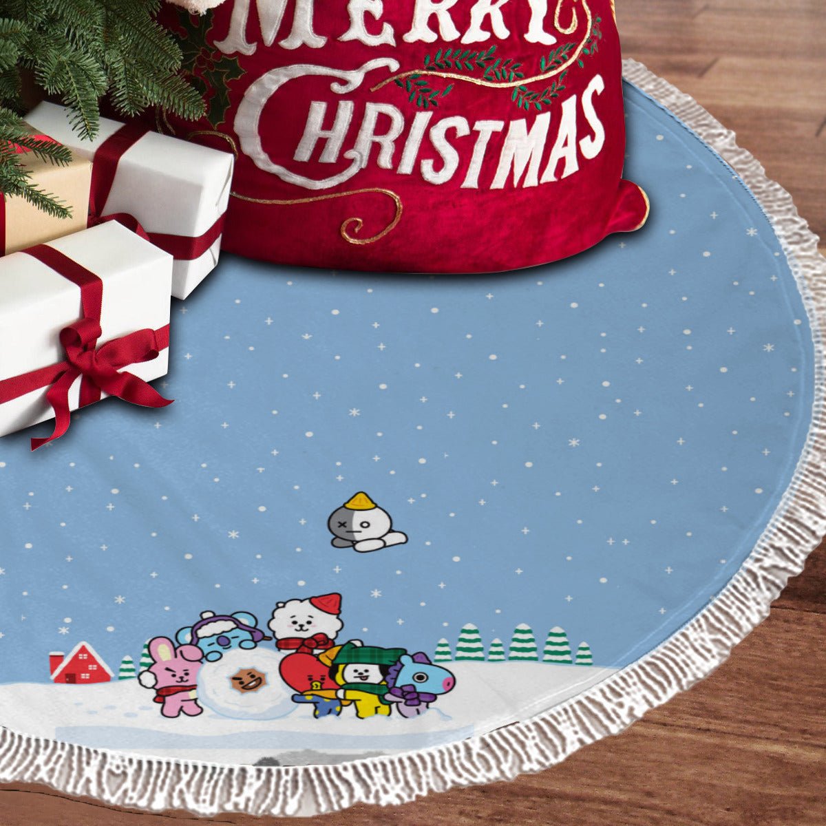 BTS BT21 Light Blue Holiday Tree Skirt – Plush Christmas Tree Skirt - Soft, Cozy & Festive Decor - Beyond The Shoppe