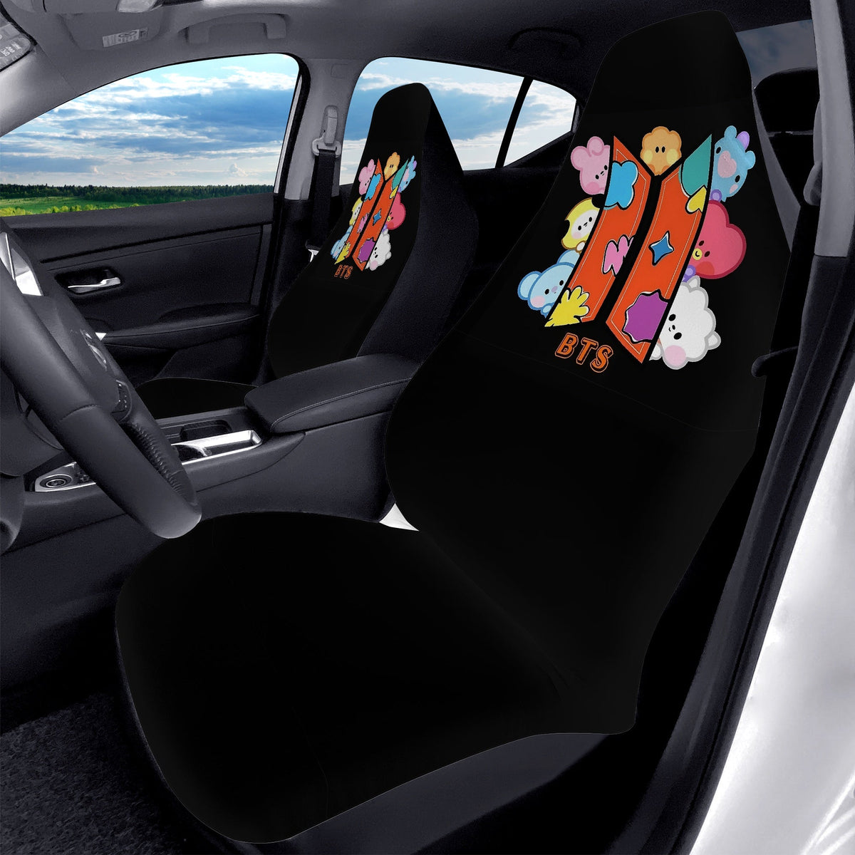 BTS BT21 Logo Car Microfiber Seat Covers - Set of 2 - BT21 Colorful logo car seat covers - bangtan army car accessories - ARMY gift - Beyond The Shoppe
