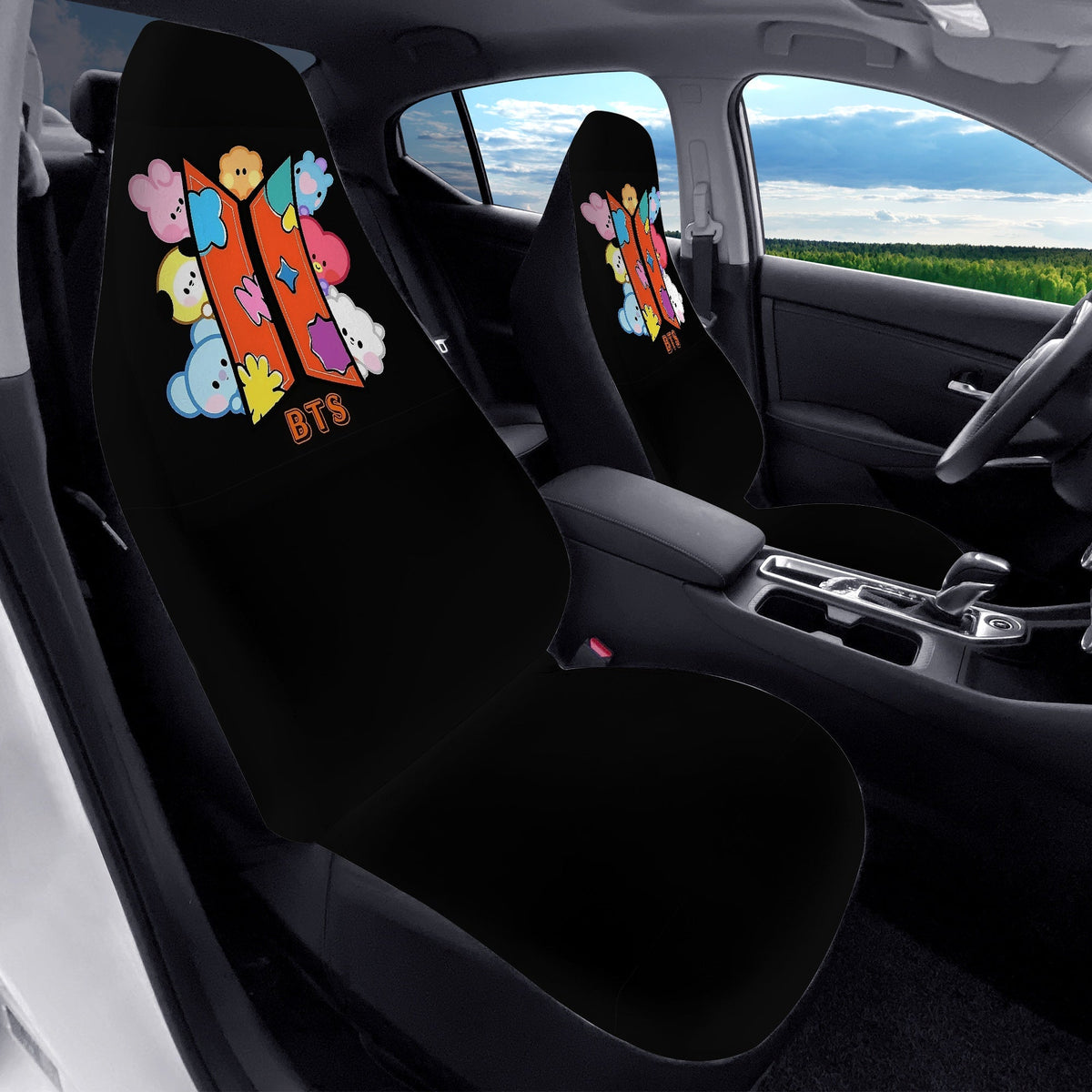 BTS BT21 Logo Car Microfiber Seat Covers - Set of 2 - BT21 Colorful logo car seat covers - bangtan army car accessories - ARMY gift - Beyond The Shoppe