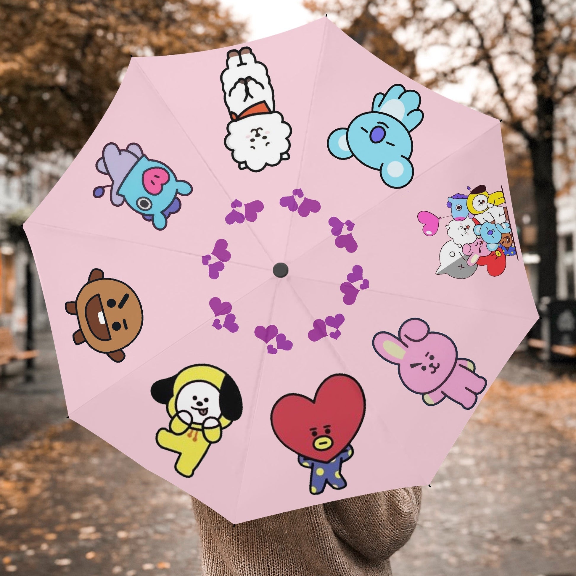 BTS BT21 Pink Umbrella - Automatic opening umbrella - Bts rainy weather, BTS protection from weather - Pink or purple options! - Beyond The Shoppe