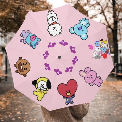 BTS BT21 Pink Umbrella - Automatic opening umbrella - Bts rainy weather, BTS protection from weather - Pink or purple options! - Beyond The Shoppe