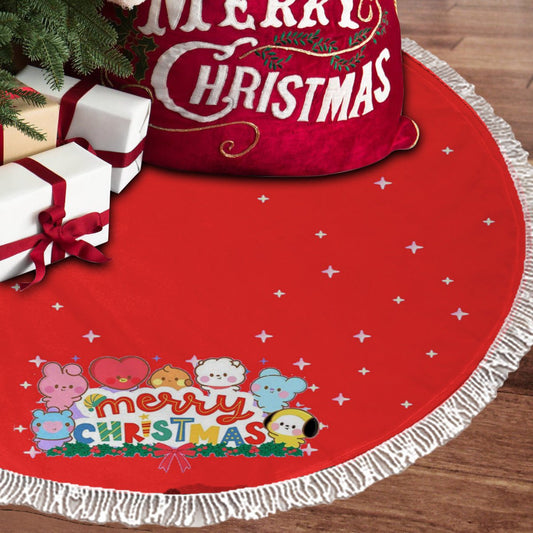 BTS BT21 Red Holiday Tree Skirt – Plush Christmas Tree Skirt - Soft, Cozy & Festive Decor - Beyond The Shoppe