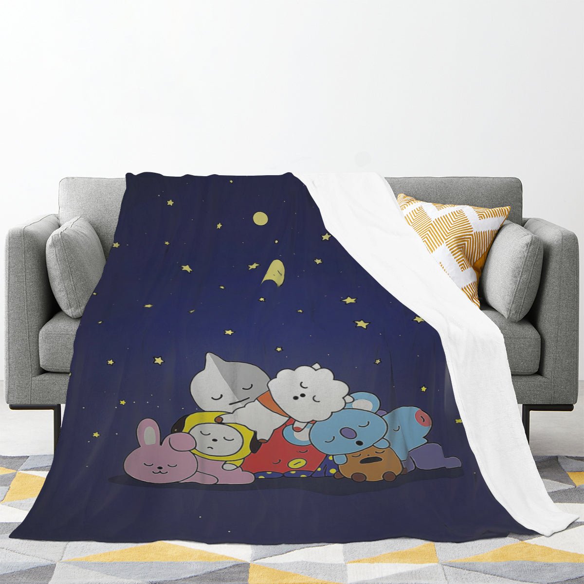 BTS BT21 Sleeping under the moon Flannel Breathable Blanket 4 Sizes! Blanket Throw - Beyond The Shoppe
