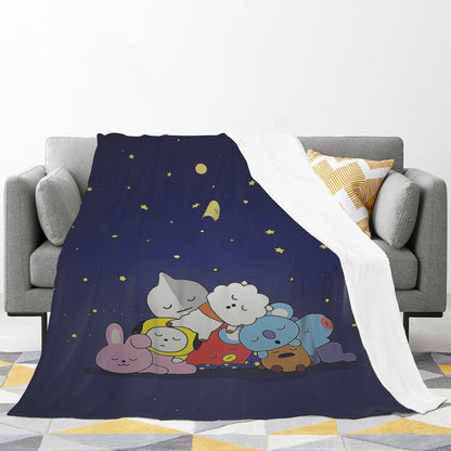 BTS BT21 Sleeping under the moon Flannel Breathable Blanket 4 Sizes! Blanket Throw - Beyond The Shoppe