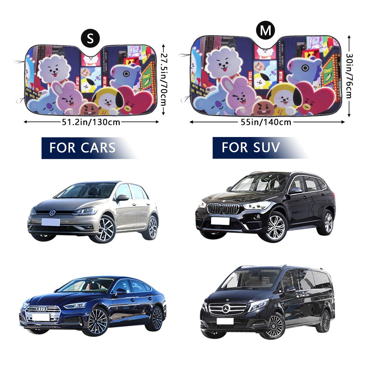 BTS BT21 Smiling Car Windshield Sun Shade - Car sun visor - Car sun blocker - Windshield heat shield - Auto sunshade - Beyond The Shoppe