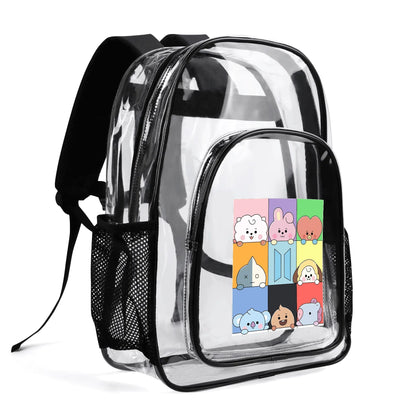 BTS BT21 Squares Clear Backpack 17 Inch PVC Transparent Bookbag - Beyond The Shoppe