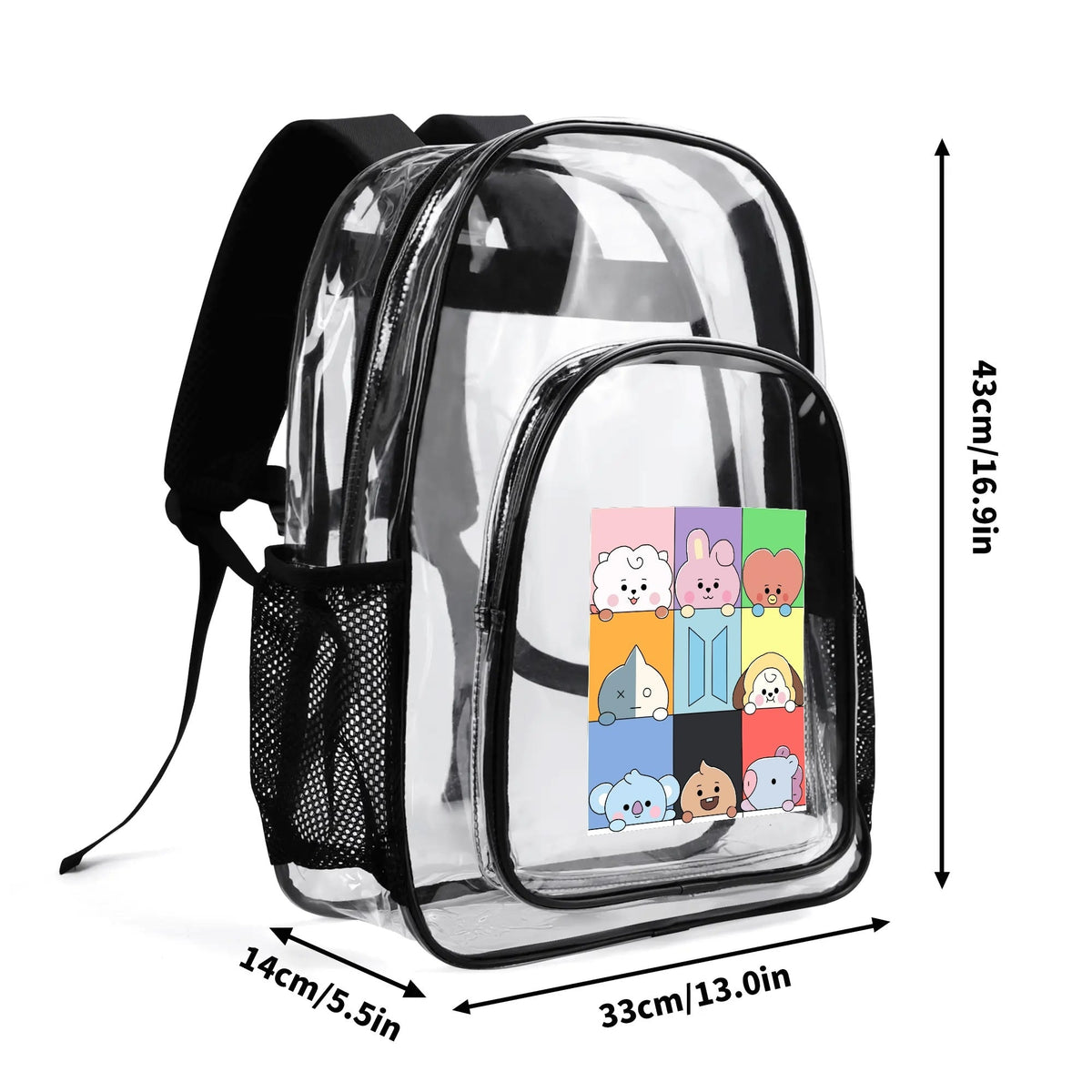 BTS BT21 Squares Clear Backpack 17 Inch PVC Transparent Bookbag - Beyond The Shoppe