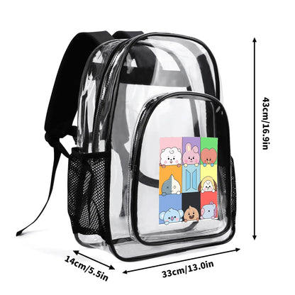 BTS BT21 Squares Clear Backpack 17 Inch PVC Transparent Bookbag - Beyond The Shoppe