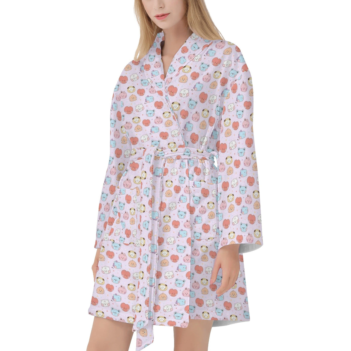 BTS BT21 Women's Short Robe with 2 front pockets with all - over printed design - Beyond The Shoppe