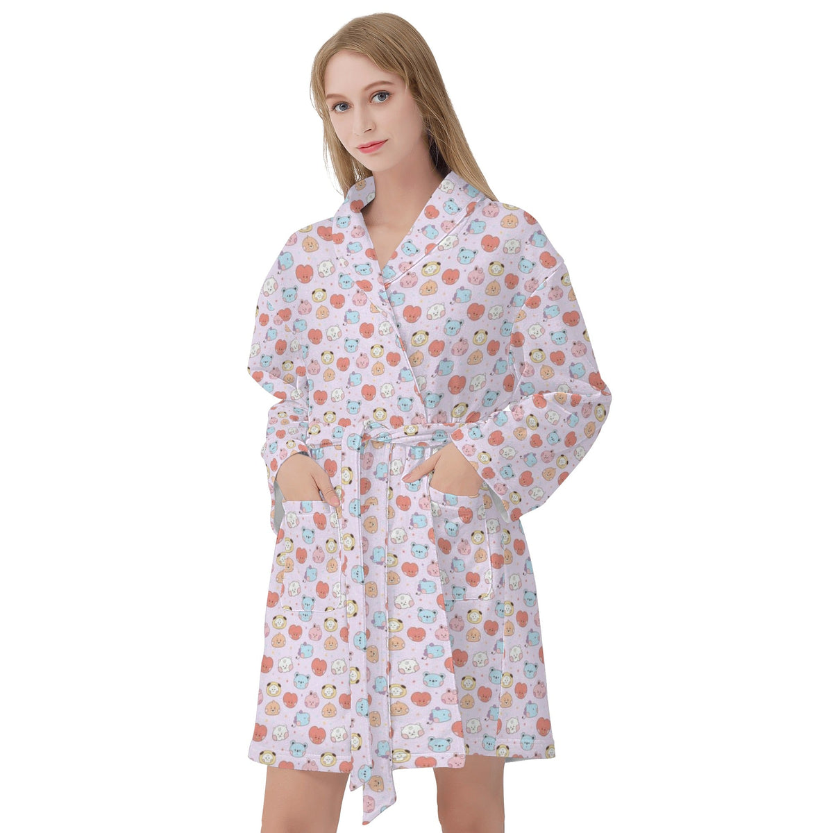 BTS BT21 Women's Short Robe with 2 front pockets with all - over printed design - Beyond The Shoppe