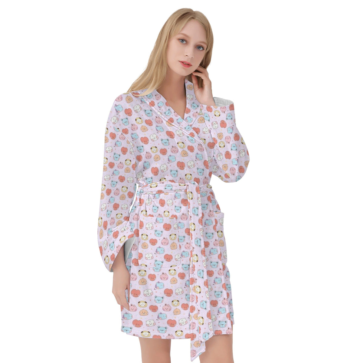 BTS BT21 Women's Short Robe with 2 front pockets with all - over printed design - Beyond The Shoppe