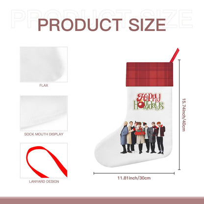 BTS Happy Holidays Red & White Classic Holiday 16 - Inch Linen Christmas Stocking – Decor, Soft & Durable - Beyond The Shoppe