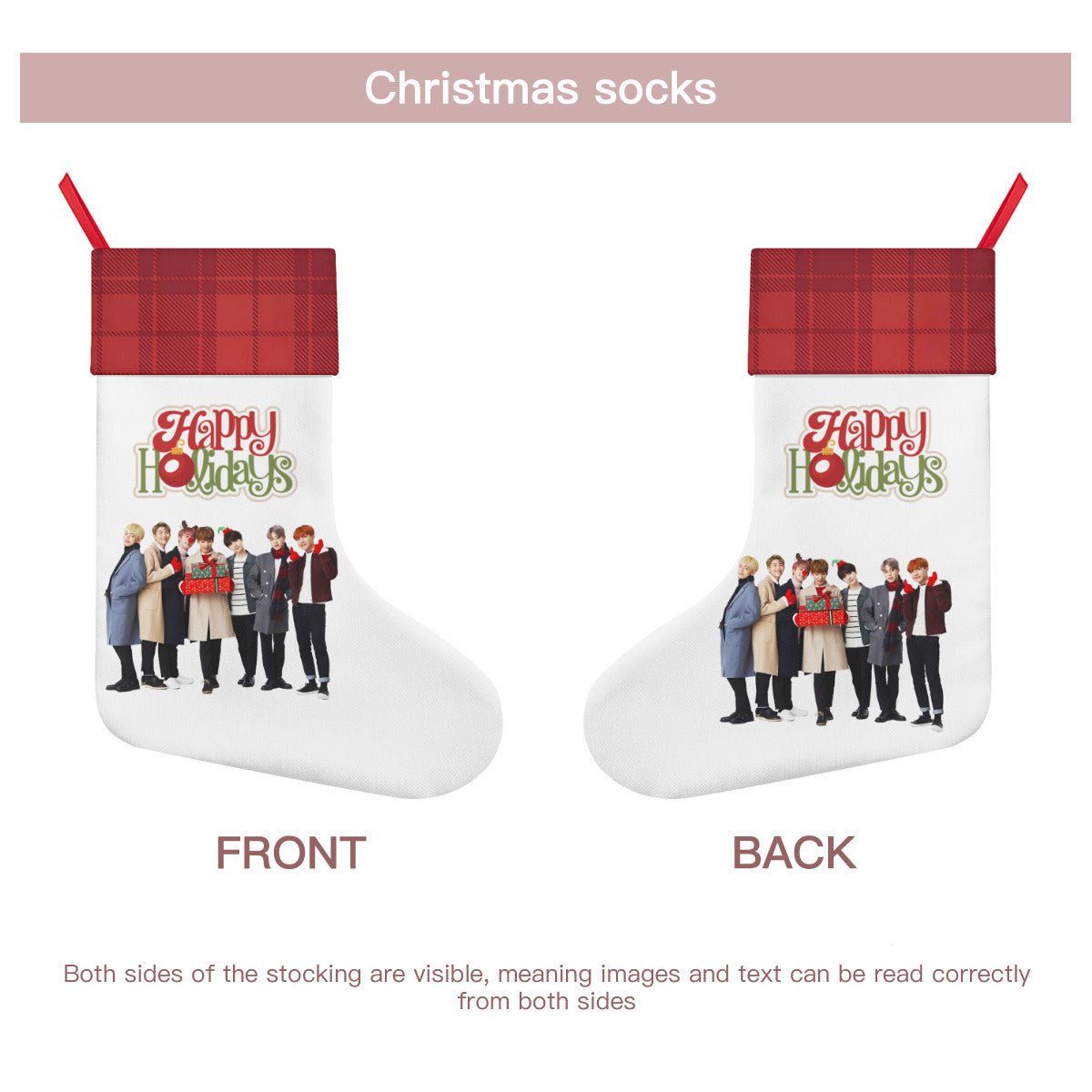 BTS Happy Holidays Red & White Classic Holiday 16 - Inch Linen Christmas Stocking – Decor, Soft & Durable - Beyond The Shoppe