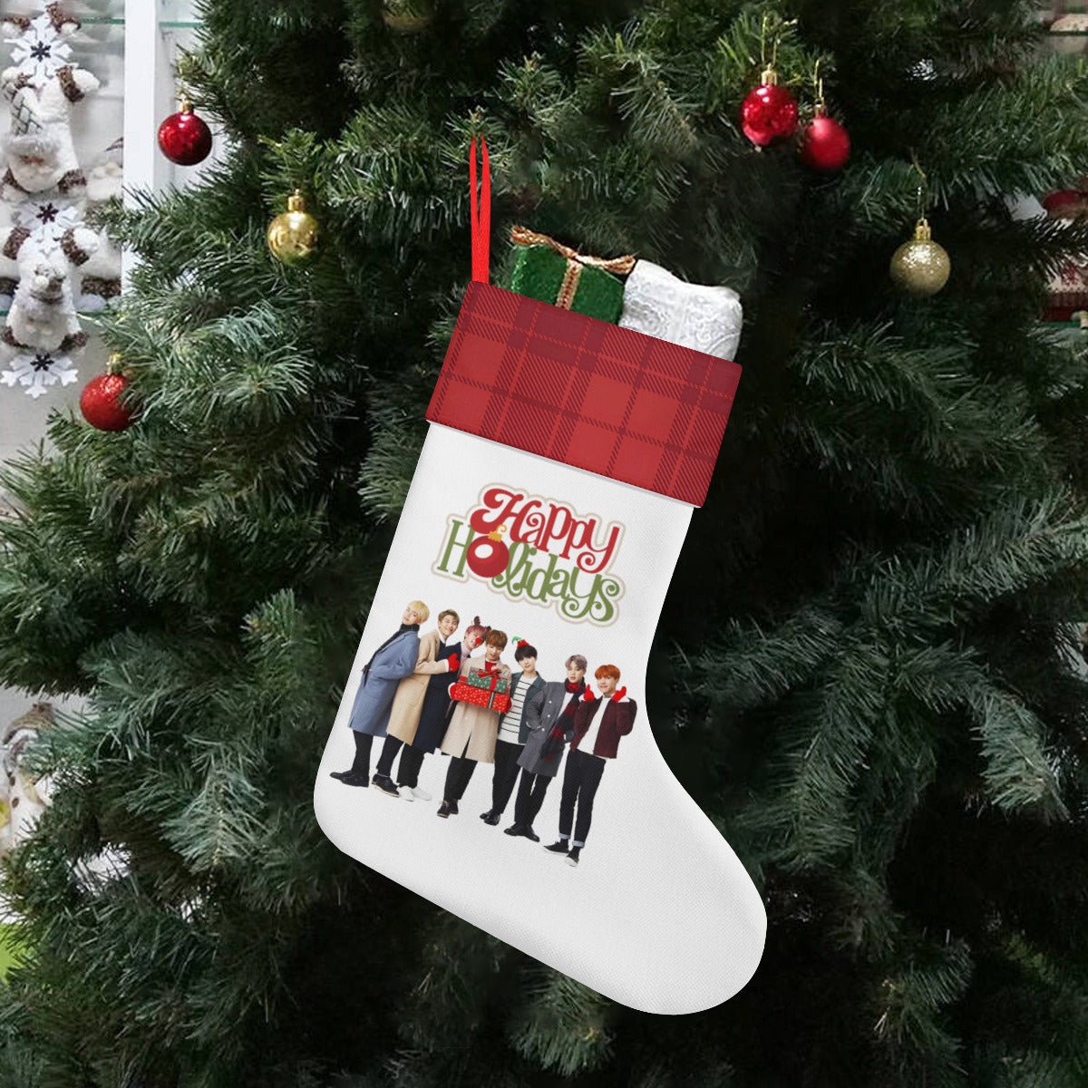 BTS Happy Holidays Red & White Classic Holiday 16 - Inch Linen Christmas Stocking – Decor, Soft & Durable - Beyond The Shoppe
