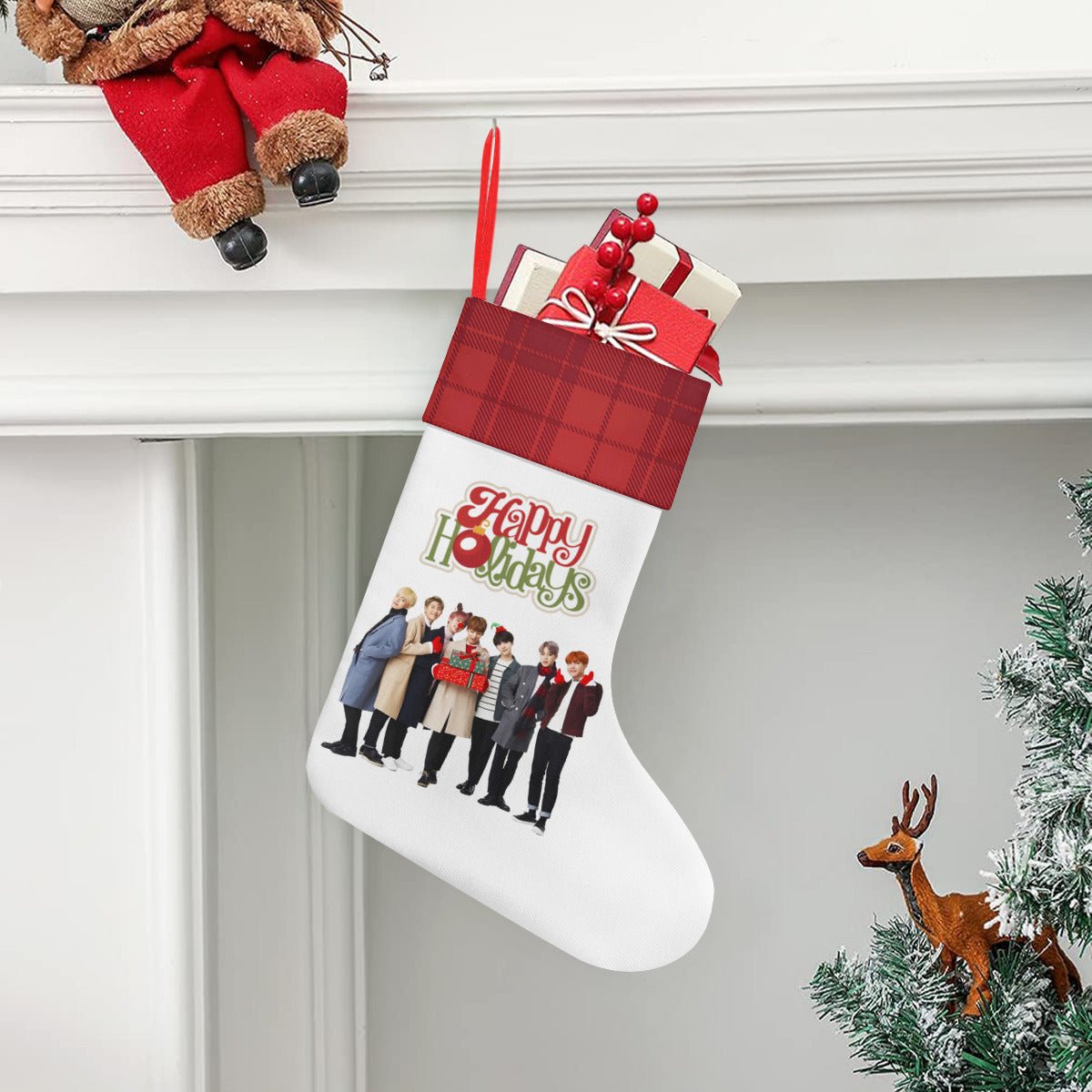 BTS Happy Holidays Red & White Classic Holiday 16 - Inch Linen Christmas Stocking – Decor, Soft & Durable - Beyond The Shoppe