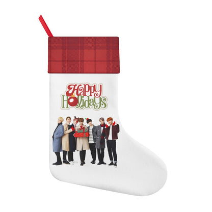 BTS Happy Holidays Red & White Classic Holiday 16 - Inch Linen Christmas Stocking – Decor, Soft & Durable - Beyond The Shoppe