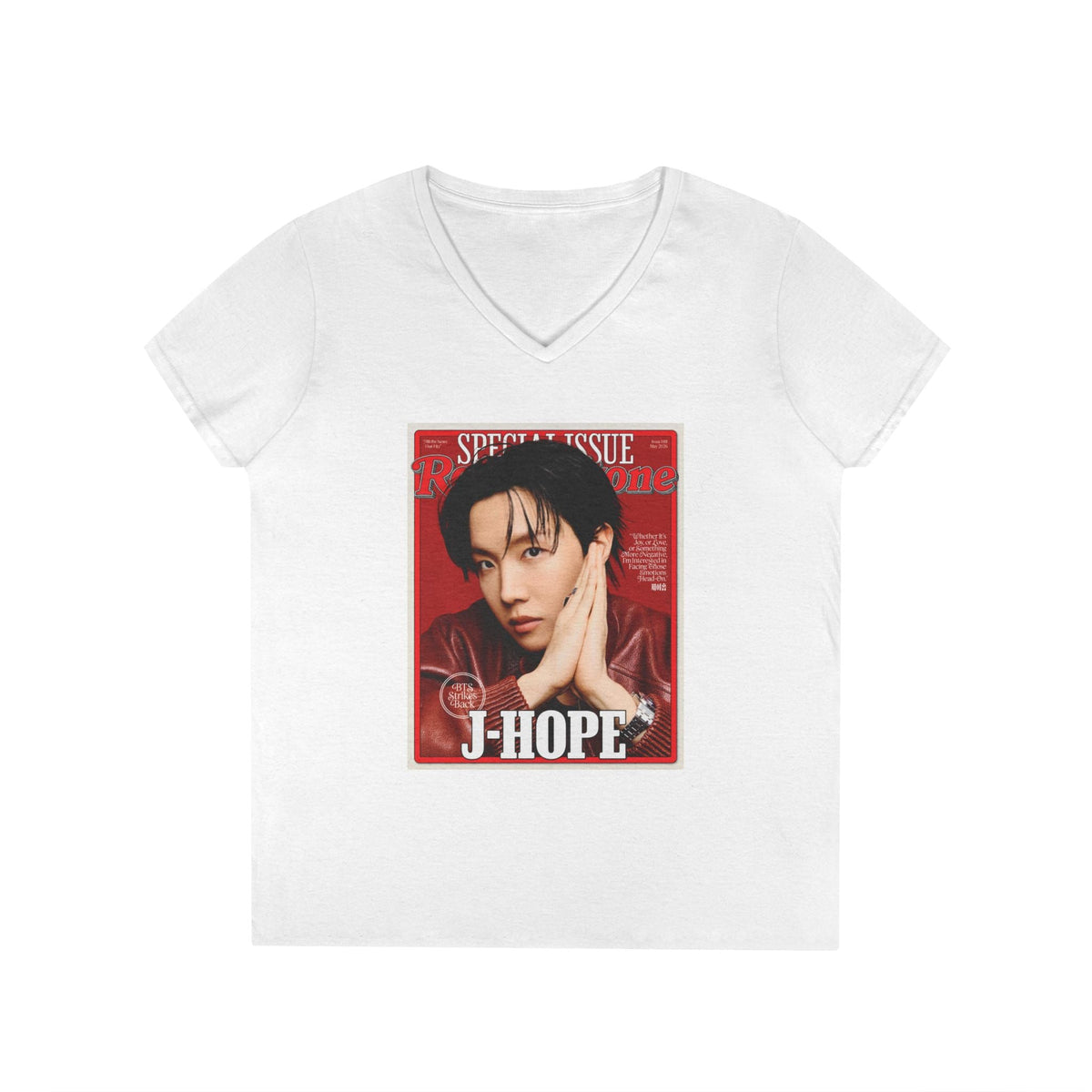 BTS J - Hope Deep V - Neck Tee - Tshirt with Rolling Stones Cover Graphic & BTS Members Names on Back - 6 Sizes - Beyond The Shoppe