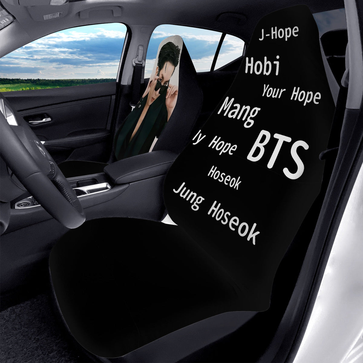 BTS Jhope - Hobi Car Seat Microfiber Covers - Set of 2 - BTS car seat covers - J Hope bangtan army car accessories - ARMY - Beyond The Shoppe