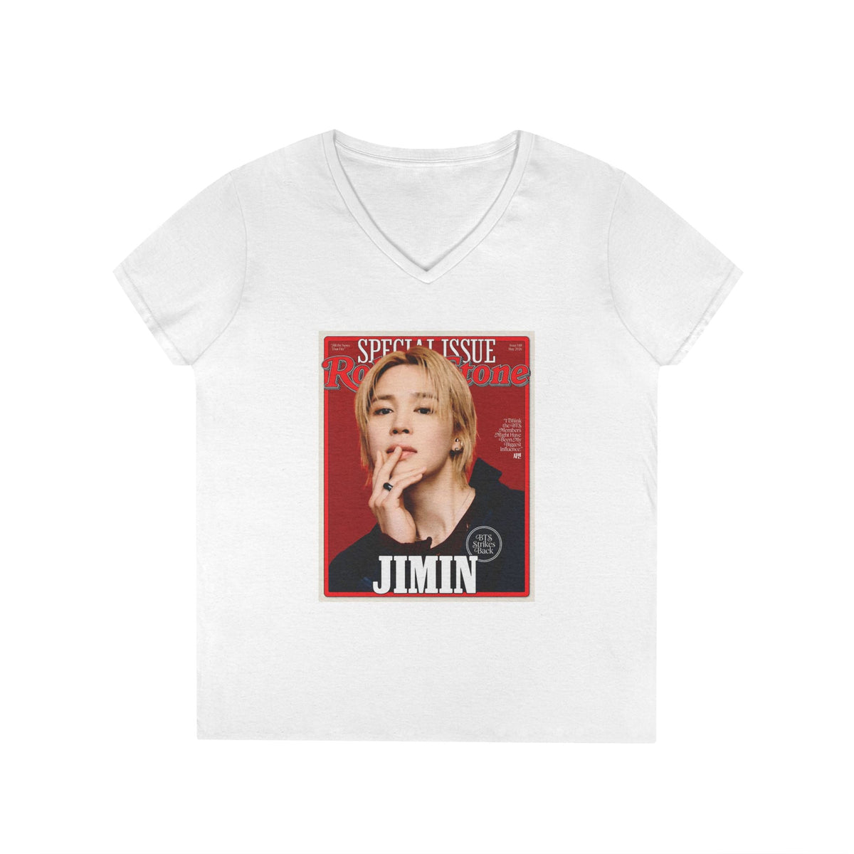 BTS Jimin Deep V - Neck Tee - Tshirt with Rolling Stones Cover Graphic & BTS Members Names on Back - 6 Sizes - Beyond The Shoppe