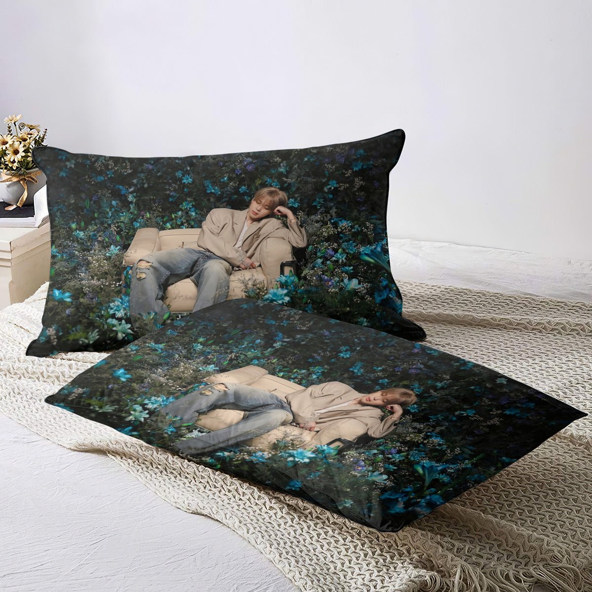 BTS Jimin Garden Photo Shoot Quilt Cover Four - Piece Set - Quilt cover, 2 Pillowcases and 1 Bed Sheet - ARMY bedroom decor! Blanket and sheet set - Beyond The Shoppe