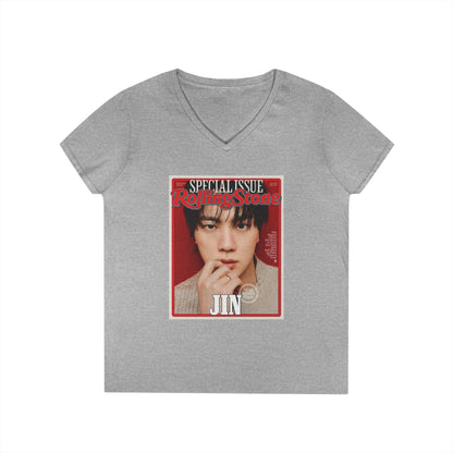 BTS Jin Deep V - Neck Tee - Tshirt with Rolling Stones Cover Graphic & BTS Members Names on Back - 6 Sizes - Beyond The Shoppe