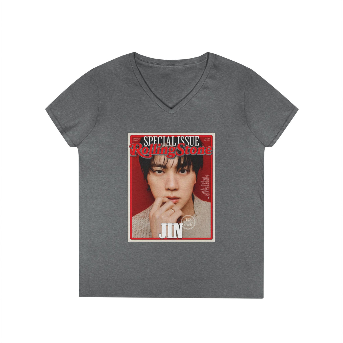 BTS Jin Deep V - Neck Tee - Tshirt with Rolling Stones Cover Graphic & BTS Members Names on Back - 6 Sizes - Beyond The Shoppe