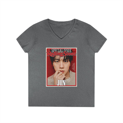 BTS Jin Deep V - Neck Tee - Tshirt with Rolling Stones Cover Graphic & BTS Members Names on Back - 6 Sizes - Beyond The Shoppe