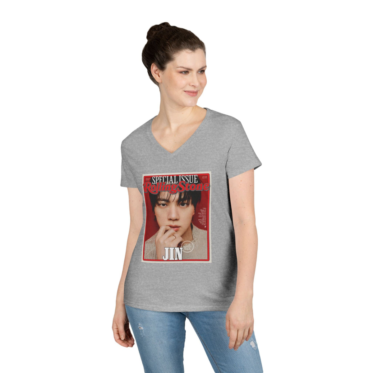 BTS Jin Deep V - Neck Tee - Tshirt with Rolling Stones Cover Graphic & BTS Members Names on Back - 6 Sizes - Beyond The Shoppe