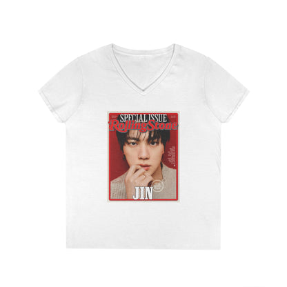 BTS Jin Deep V - Neck Tee - Tshirt with Rolling Stones Cover Graphic & BTS Members Names on Back - 6 Sizes - Beyond The Shoppe