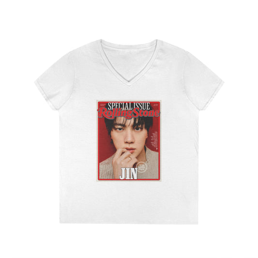 BTS Jin Deep V - Neck Tee - Tshirt with Rolling Stones Cover Graphic & BTS Members Names on Back - 6 Sizes - Beyond The Shoppe