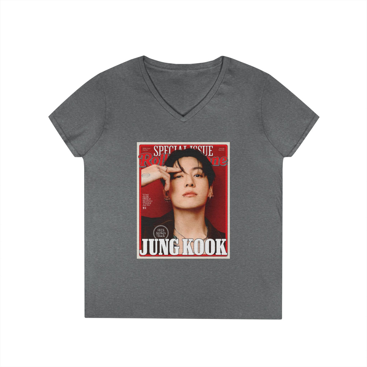 BTS JK Deep V - Neck Tee - Tshirt with Rolling Stones Cover Graphic & BTS Members Names on Back - 6 Sizes - Beyond The Shoppe