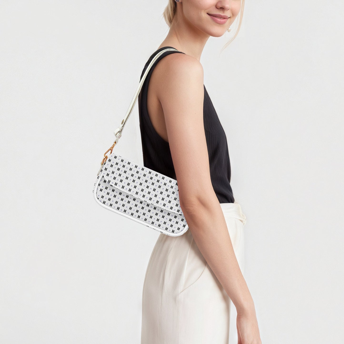 BTS Leather Purse - With Black Logos on White Leather - Women’s Underarm Bag - Beyond The Shoppe