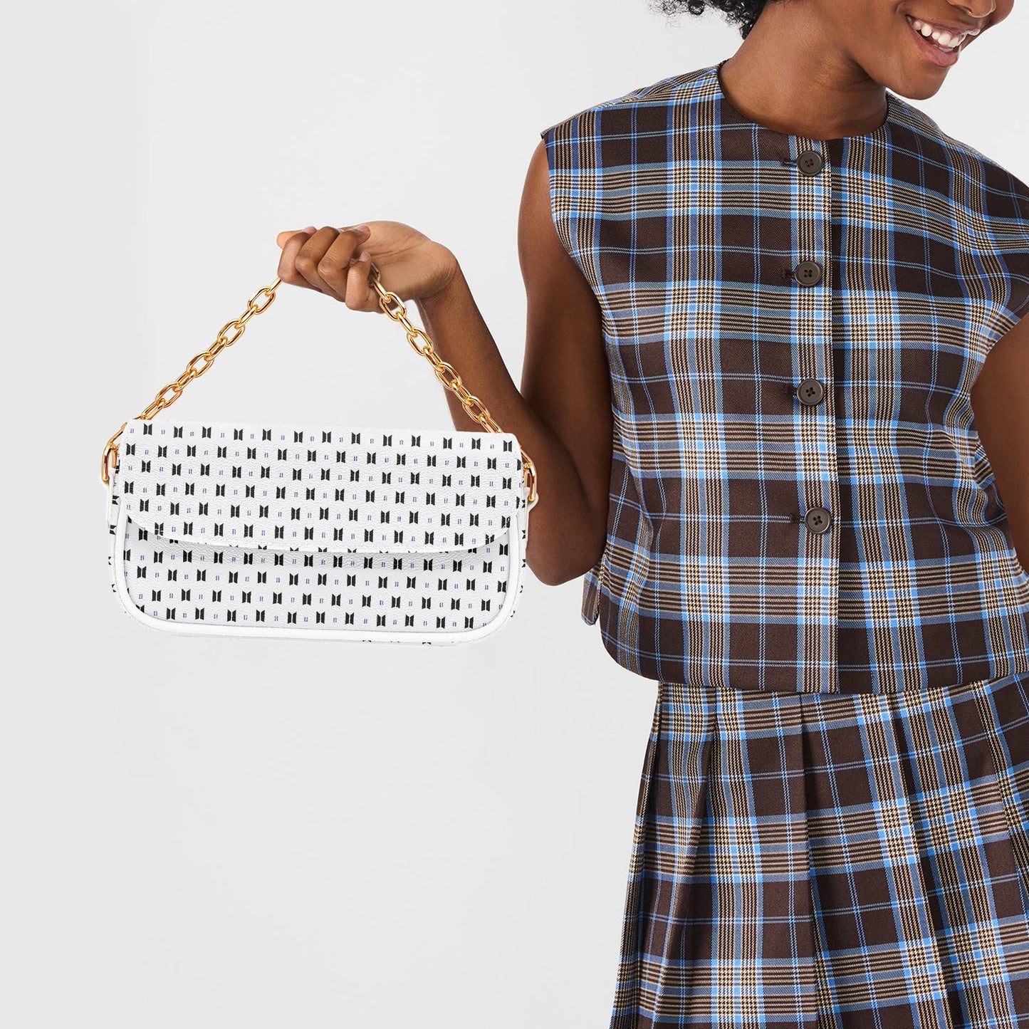 BTS Leather Purse - With Black Logos on White Leather - Women’s Underarm Bag - Beyond The Shoppe