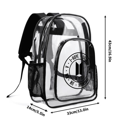 BTS Logo & OT7 Names Clear Backpack 17 Inch PVC Transparent Bookbag - Beyond The Shoppe