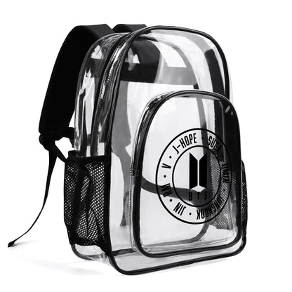 BTS Logo & OT7 Names Clear Backpack 17 Inch PVC Transparent Bookbag - Beyond The Shoppe