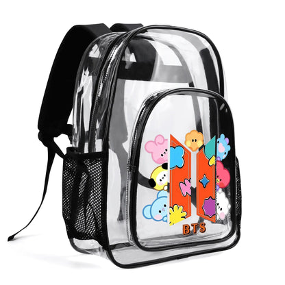 BTS OT7 and Logo Clear Backpack 17 Inch PVC Transparent Bookbag - Beyond The Shoppe