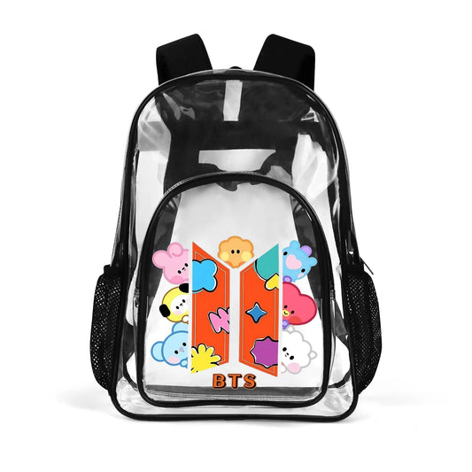 BTS OT7 and Logo Clear Backpack 17 Inch PVC Transparent Bookbag - Beyond The Shoppe