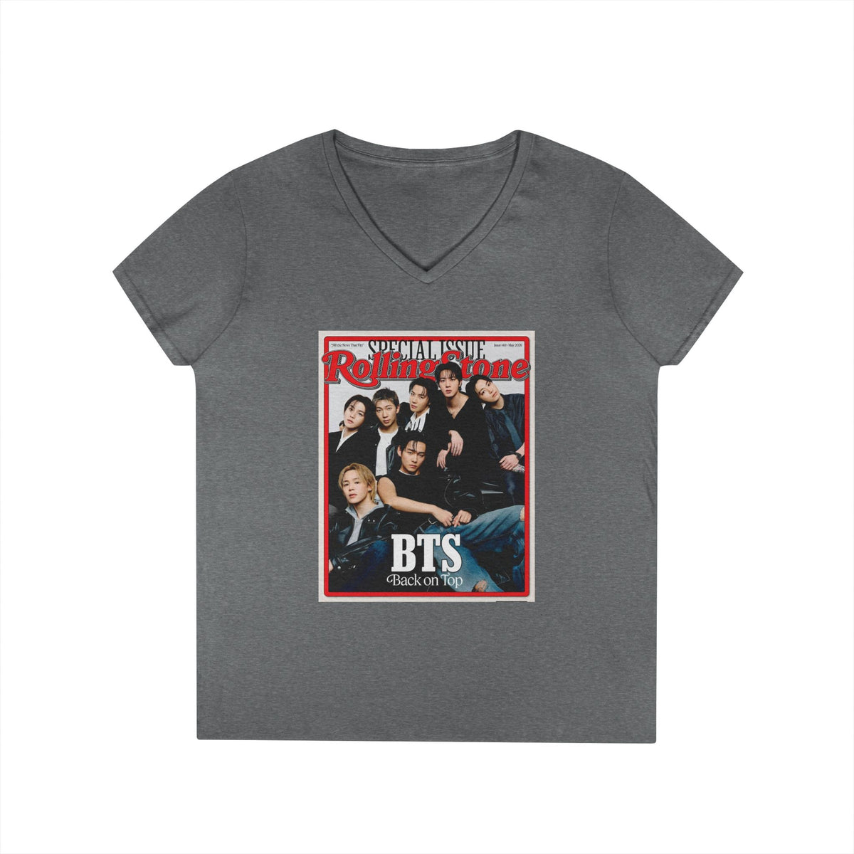 BTS OT7 Deep V - Neck Tee - Tshirt with Rolling Stones Cover Graphic & BTS Members Names on Back - 6 Sizes - Beyond The Shoppe
