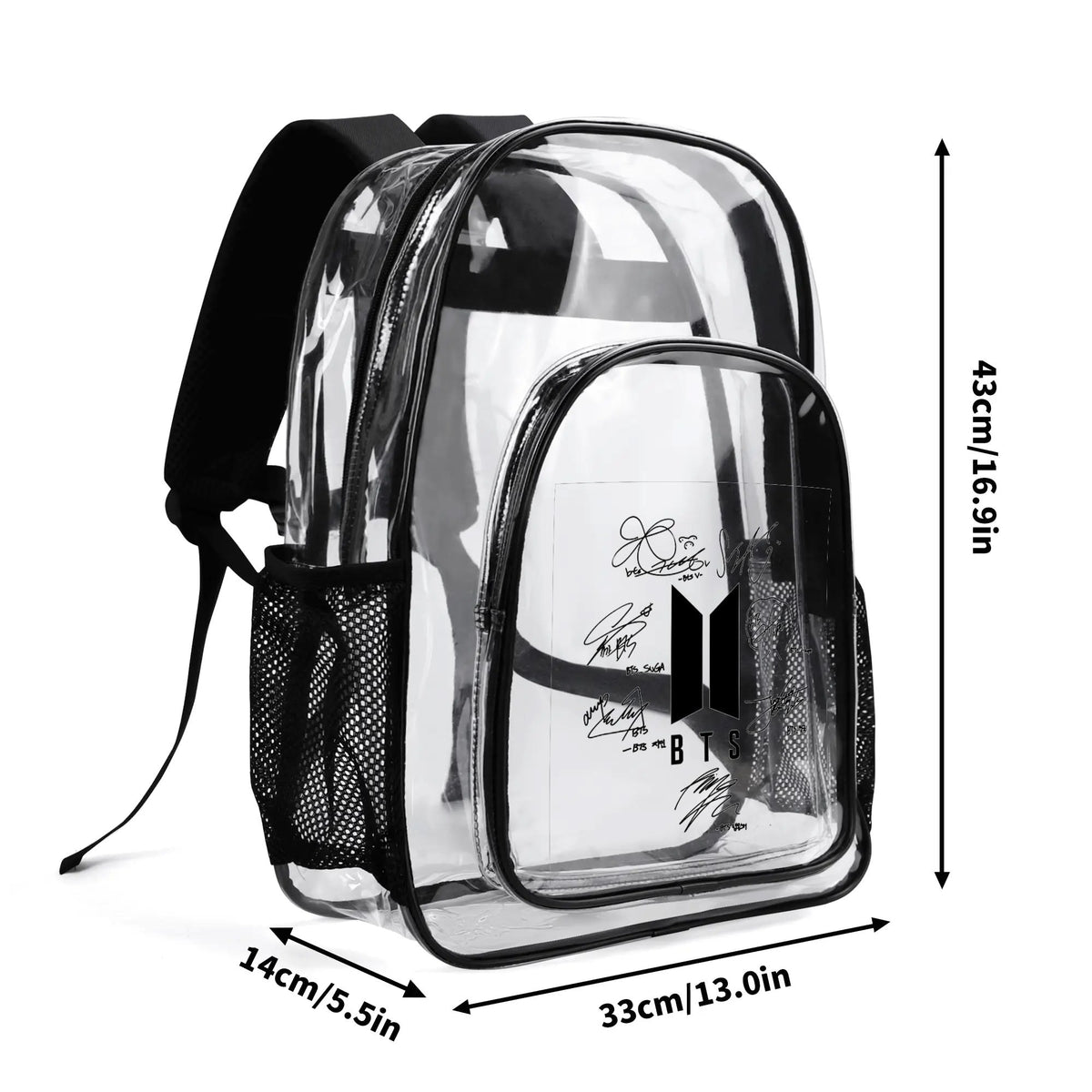 BTS OT7 Logo & Signatures Clear Backpack 17 Inch PVC Transparent Bookbag - Beyond The Shoppe