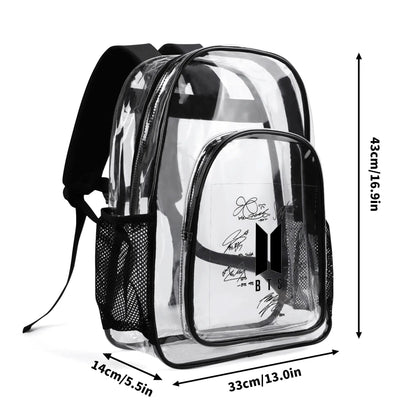 BTS OT7 Logo & Signatures Clear Backpack 17 Inch PVC Transparent Bookbag - Beyond The Shoppe
