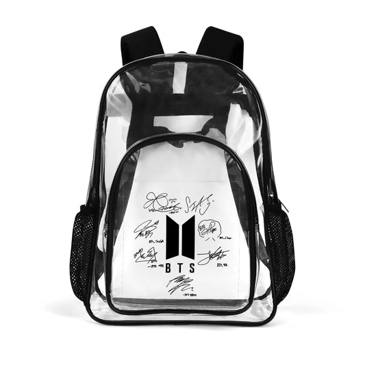 BTS OT7 Logo & Signatures Clear Backpack 17 Inch PVC Transparent Bookbag - Beyond The Shoppe