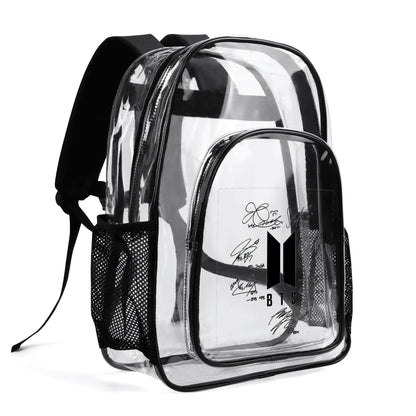BTS OT7 Logo & Signatures Clear Backpack 17 Inch PVC Transparent Bookbag - Beyond The Shoppe