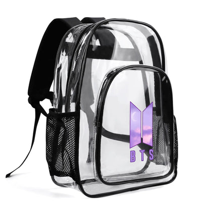 BTS Purple Logo Clear Backpack 17 Inch PVC Transparent Bookbag - Beyond The Shoppe