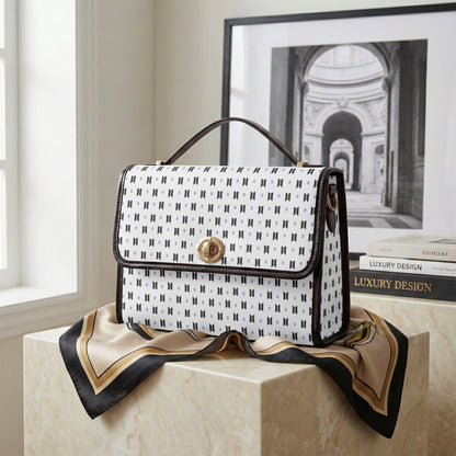 BTS Purse with Black Logos and Trim, White background - Canvas Satchel Crossbody Bag - Beyond The Shoppe
