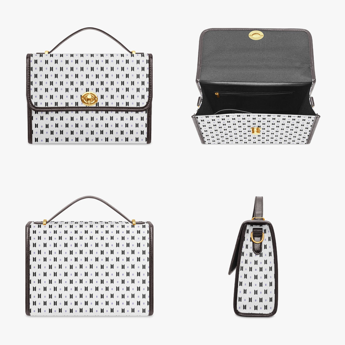BTS Purse with Black Logos and Trim, White background - Canvas Satchel Crossbody Bag - Beyond The Shoppe